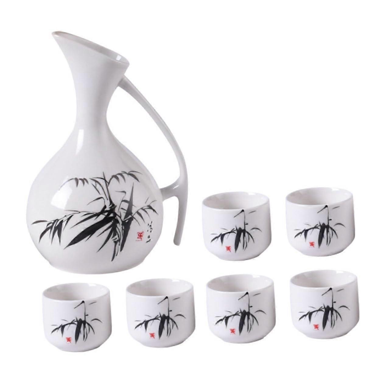 Ceramic Sake Cups Set 4Piece Bamboo Pattern Antique Style Traditional Japanese Sake Serving Set For Home Use