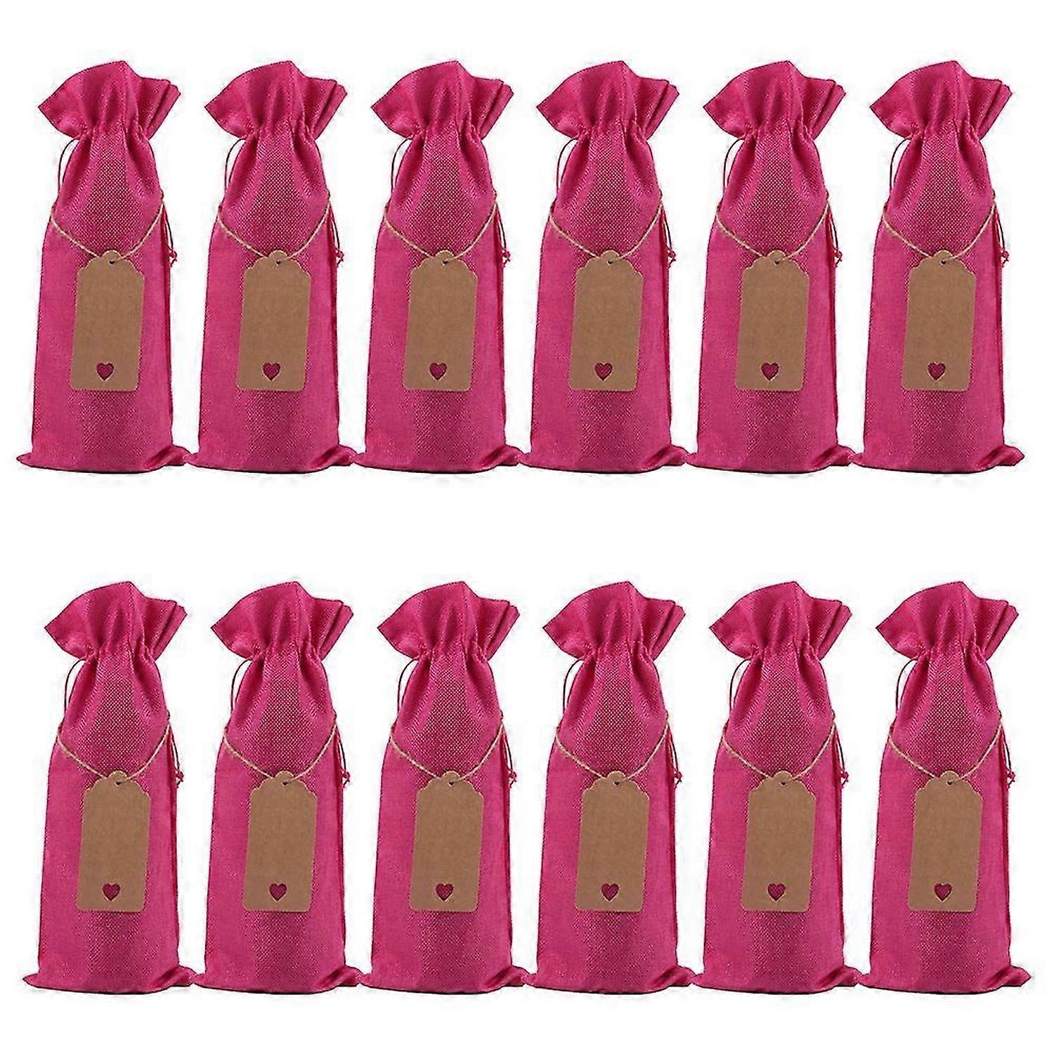12-Pack Reusable Linen Drawstring Wine Bottle Bags with Blank Labels (Khaki)