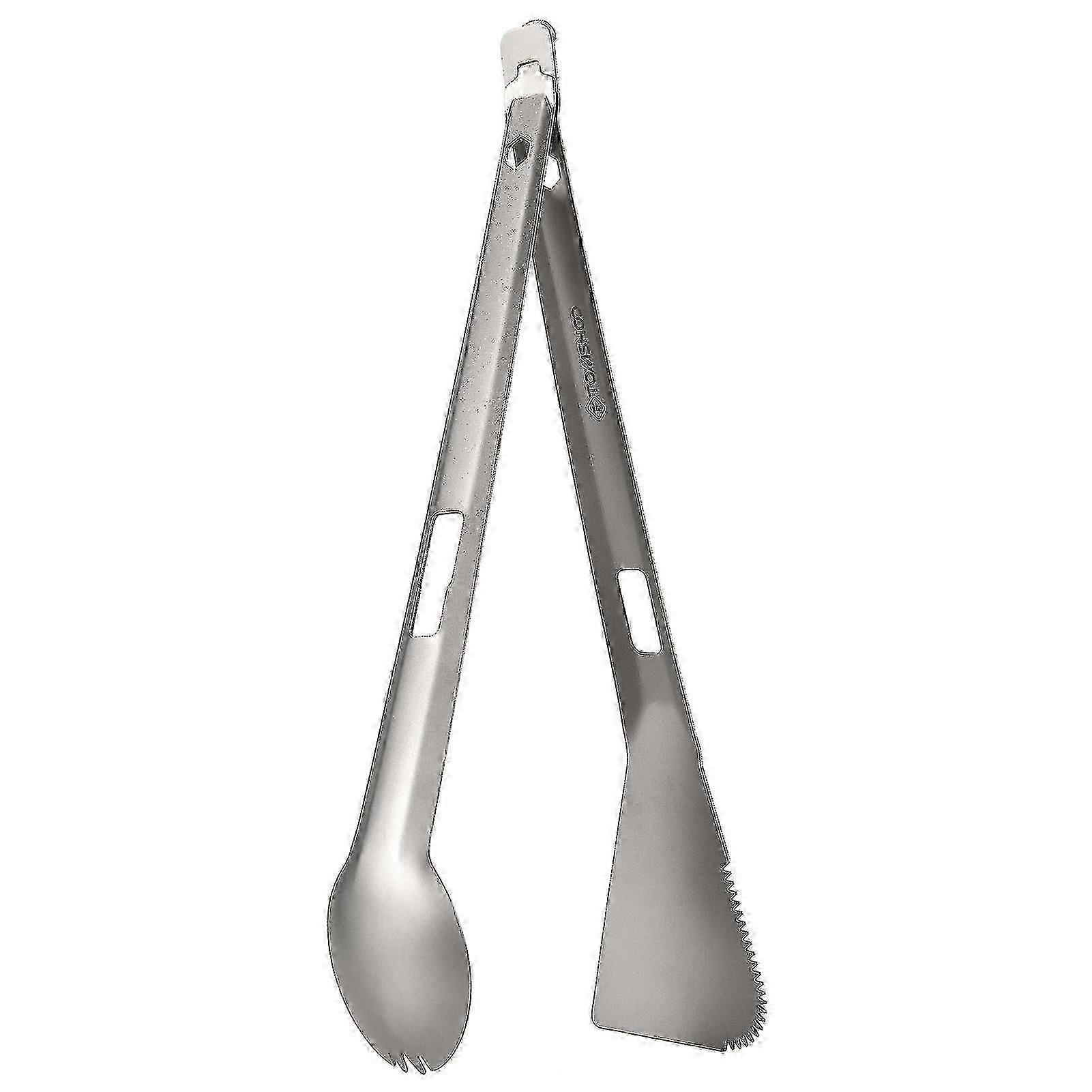 Multi-Purpose Titanium Serving Tongs with Spork and Serrated Spatula for Camping, Hiking, and Cooking