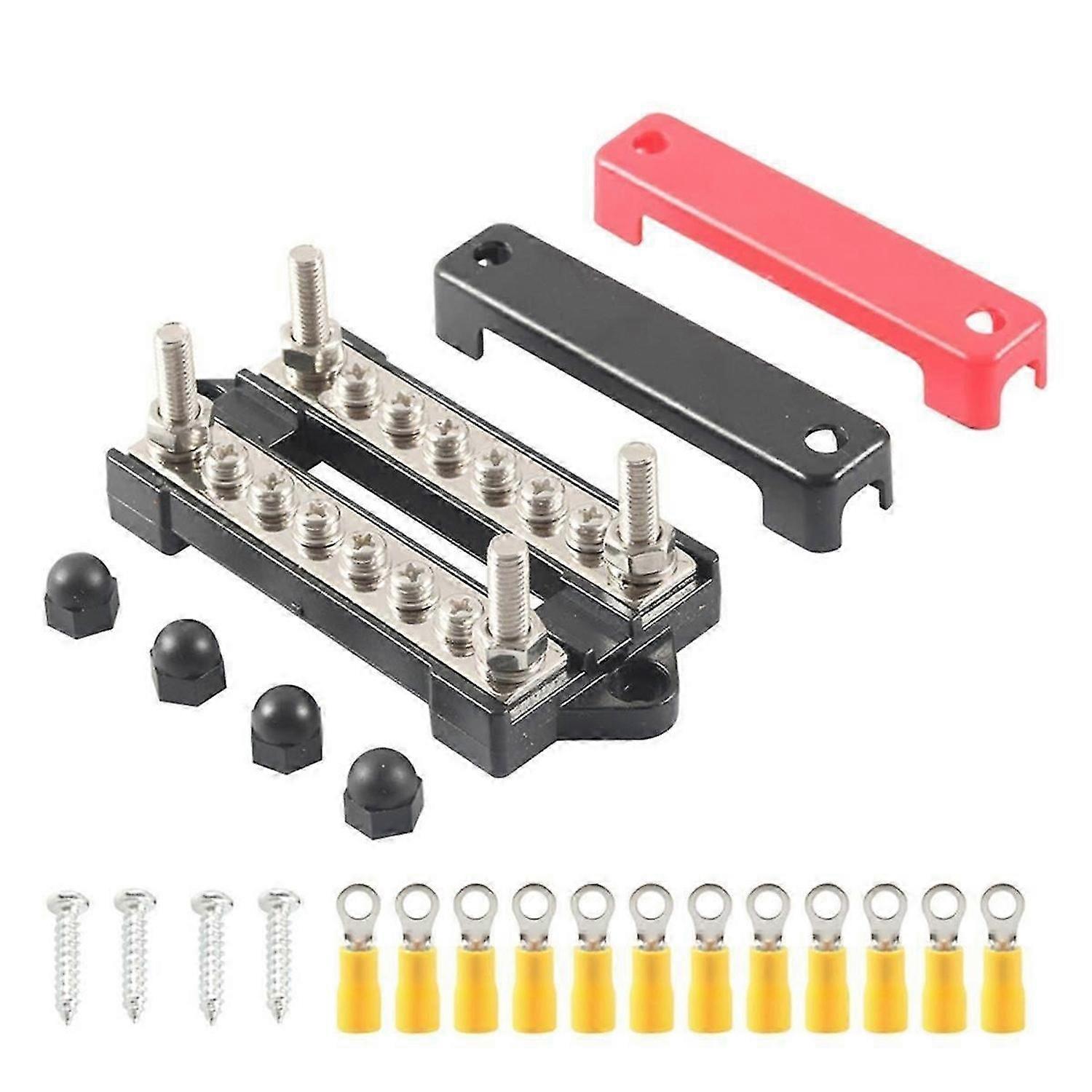 12V Ground/Power Distribution Terminal Block Battery Bus Bar Set (Max 300V AC/48V DC) Negative/Positive Insulated Busbar