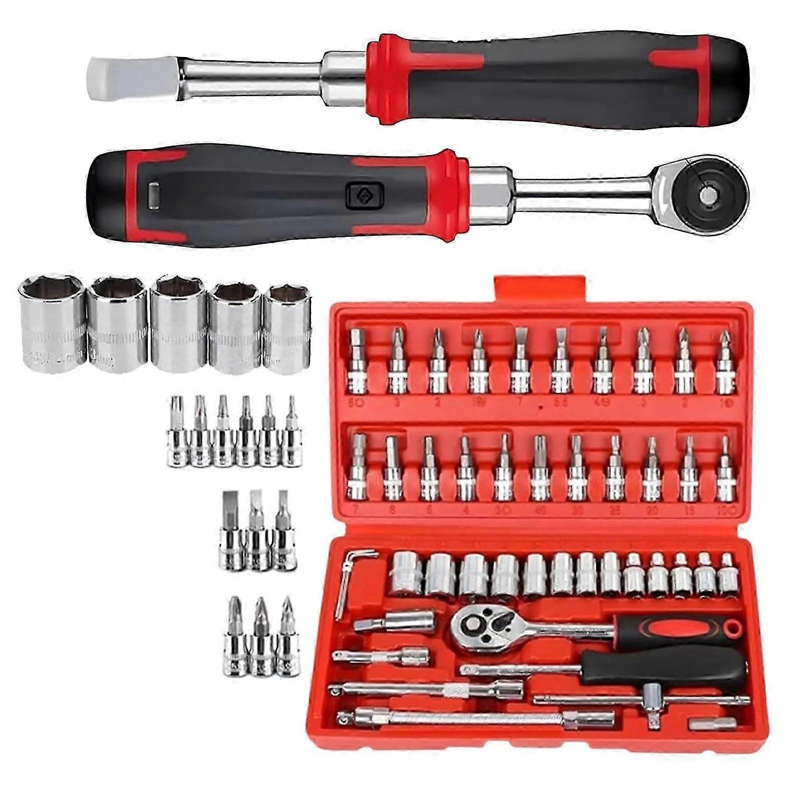 Cordless Slim Ratchet Set, Compact Power Ratchet Wrench Kit, Portable Auto Repair Toolbox, Red Mechanic Hand Tool Set Edition 0922