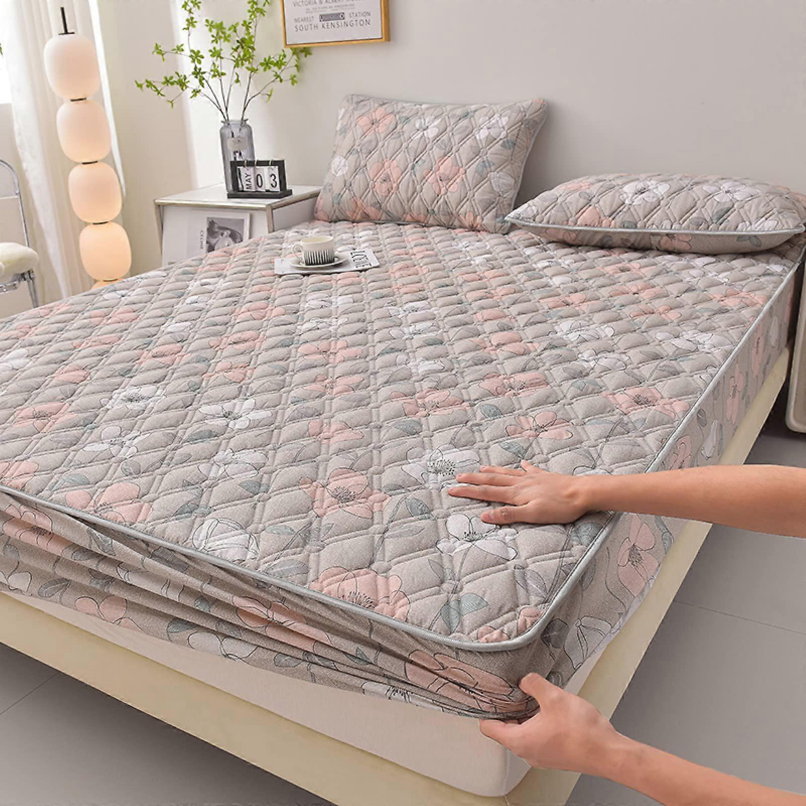 Mattress Topper Pad Cover Double Thick Quilted Bedding Set 3 Piece Bed Sheet And Pillowcase Flower Branch 180x200 cm