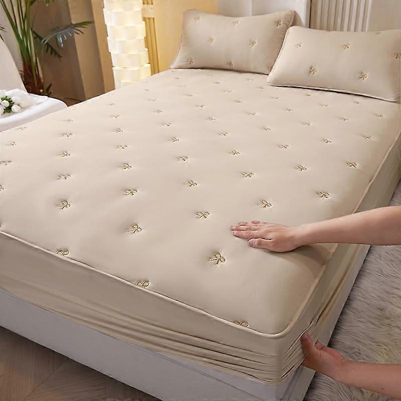 Deep Pocket Bed Sheets Solid Color Thick Quilted Mattress Protector Soft NonSlip Bed Sheet Coffee 180x220cm 3Piece
