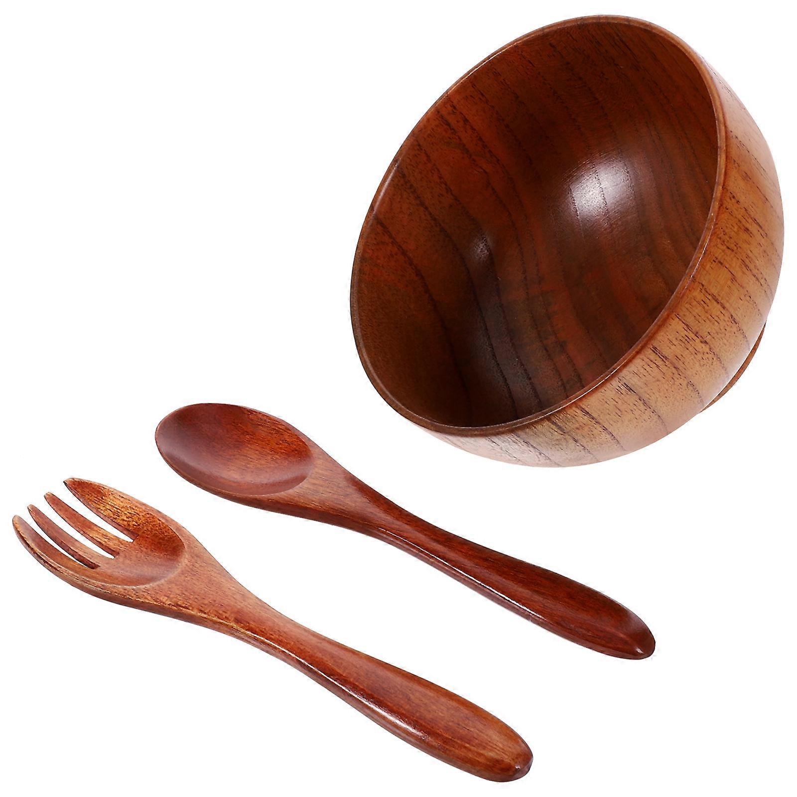 Wood Bowl Set for Household Serving with Spoon and Fork 5Sets