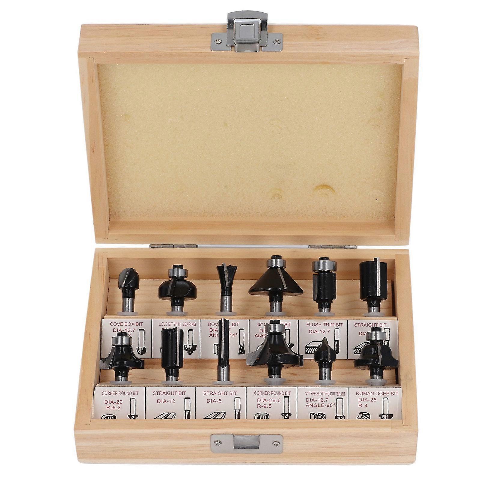 12Pcs 1/4in Wolfram Stahl Router Bit Set Holzbearbeitung Schwarz