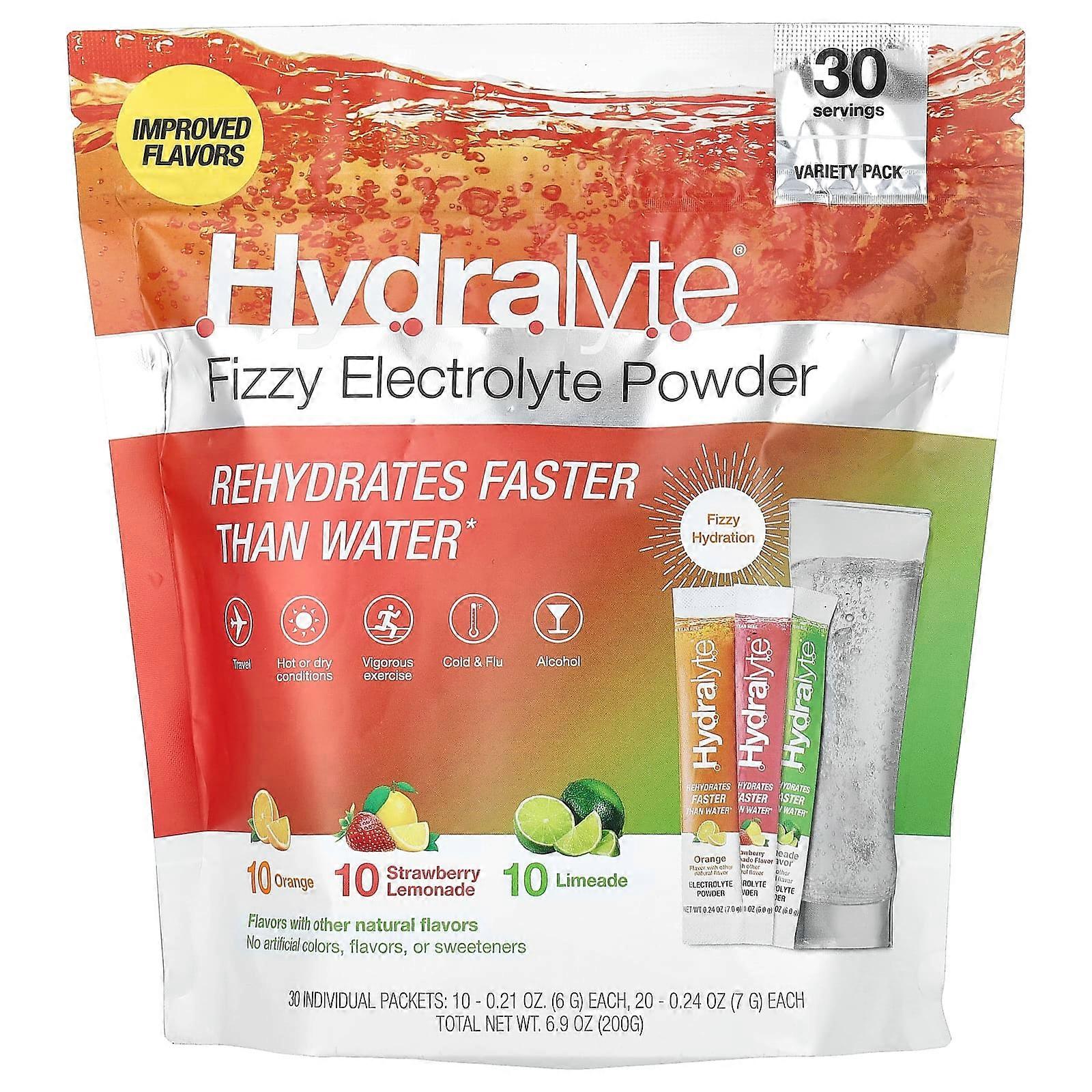 Fizzy Electrolyte Powder, Variety Pack, Orange, Strawberry Lemonade, Limeade, 30 Individual Packets