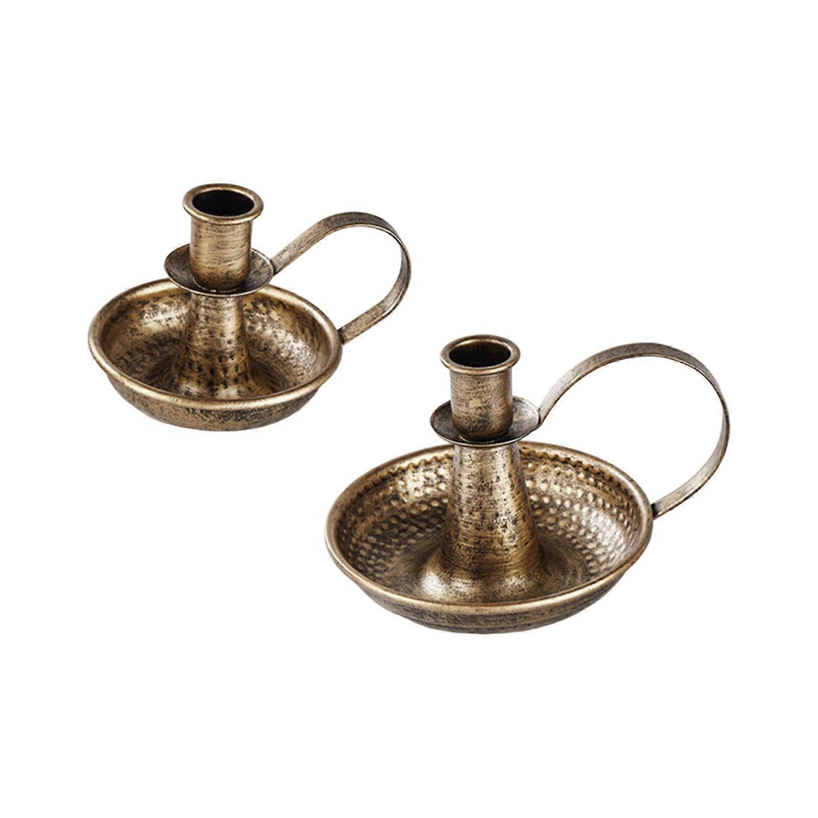 2pc Antique Taper Candleholders with Handle For Home Fireplaces Parties Fit Standard Taper Candle And LED Light Candle  Bronze