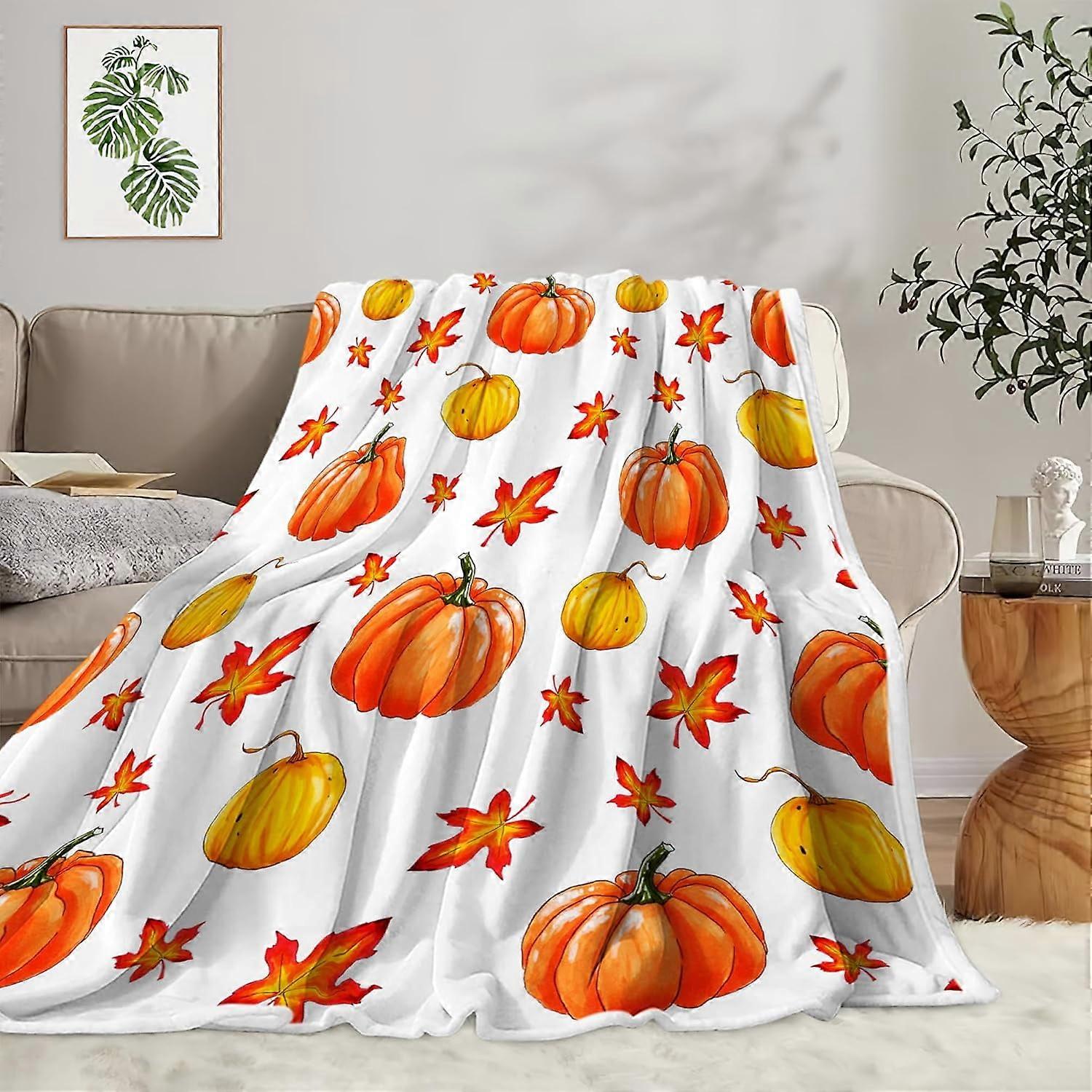 Fall Throw Blanket, Halloween Pumpkin Autumn Plush Flannel Fuzzy Blanket for Couch Bed Sofa, Soft Warm Orange Leaf Design