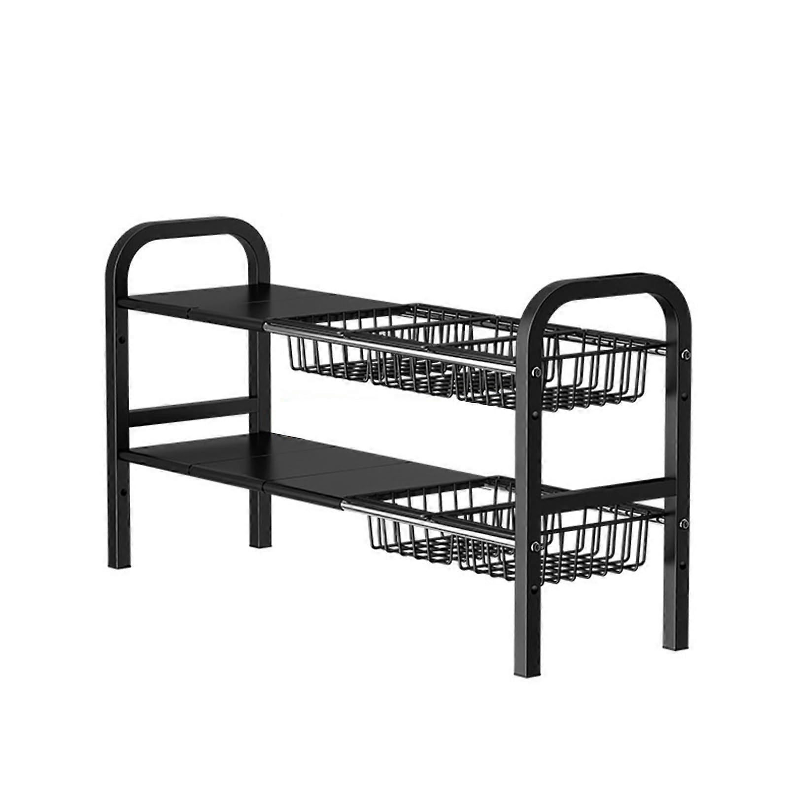 Under Sink Organizer 2Tier Expandable Shelf With Removable Baskets, Adjustable Black Cupboard Organizer For Kitchen Bath