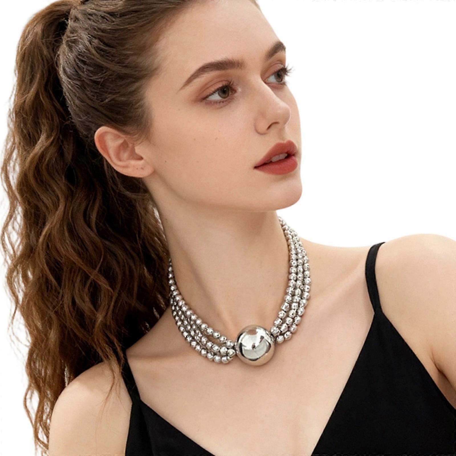 Statement Layer Imitation Pearls Chokers Necklace Oversized Bead Accent Elegant Designs Multicolor