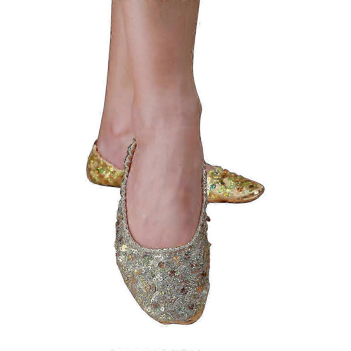 Belly dance shoes with golden sequins for stage performance
