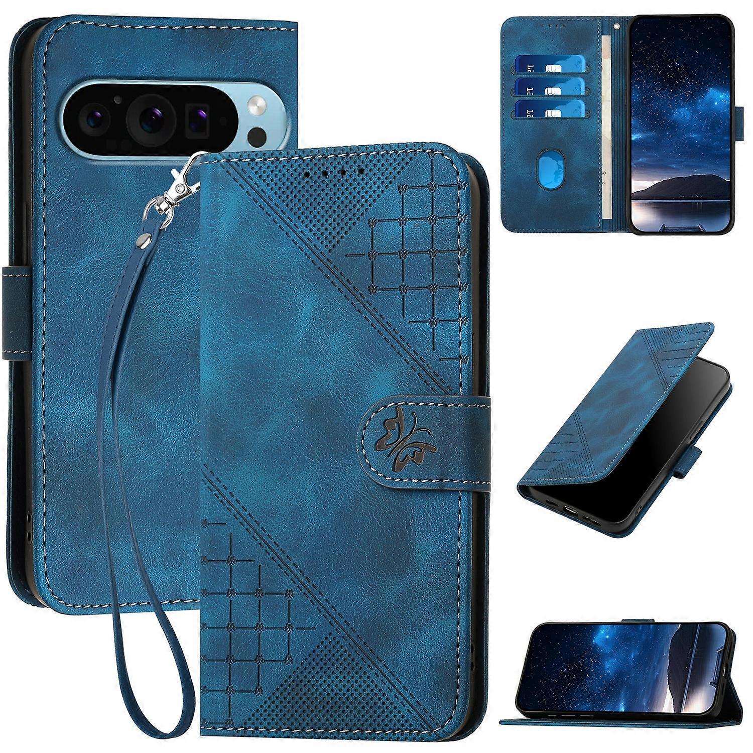 Grid Butterfly Embossed Pattern Leather Phone Case with Lanyard