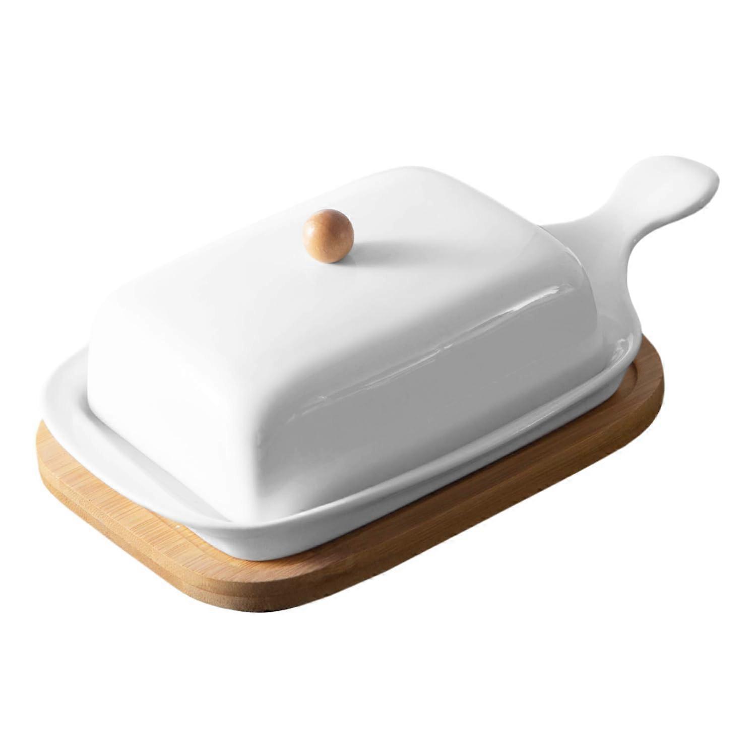 White Ceramic Butter Dish with Lid, Bamboo Tray Base and Long Handle for Kitchen Storage