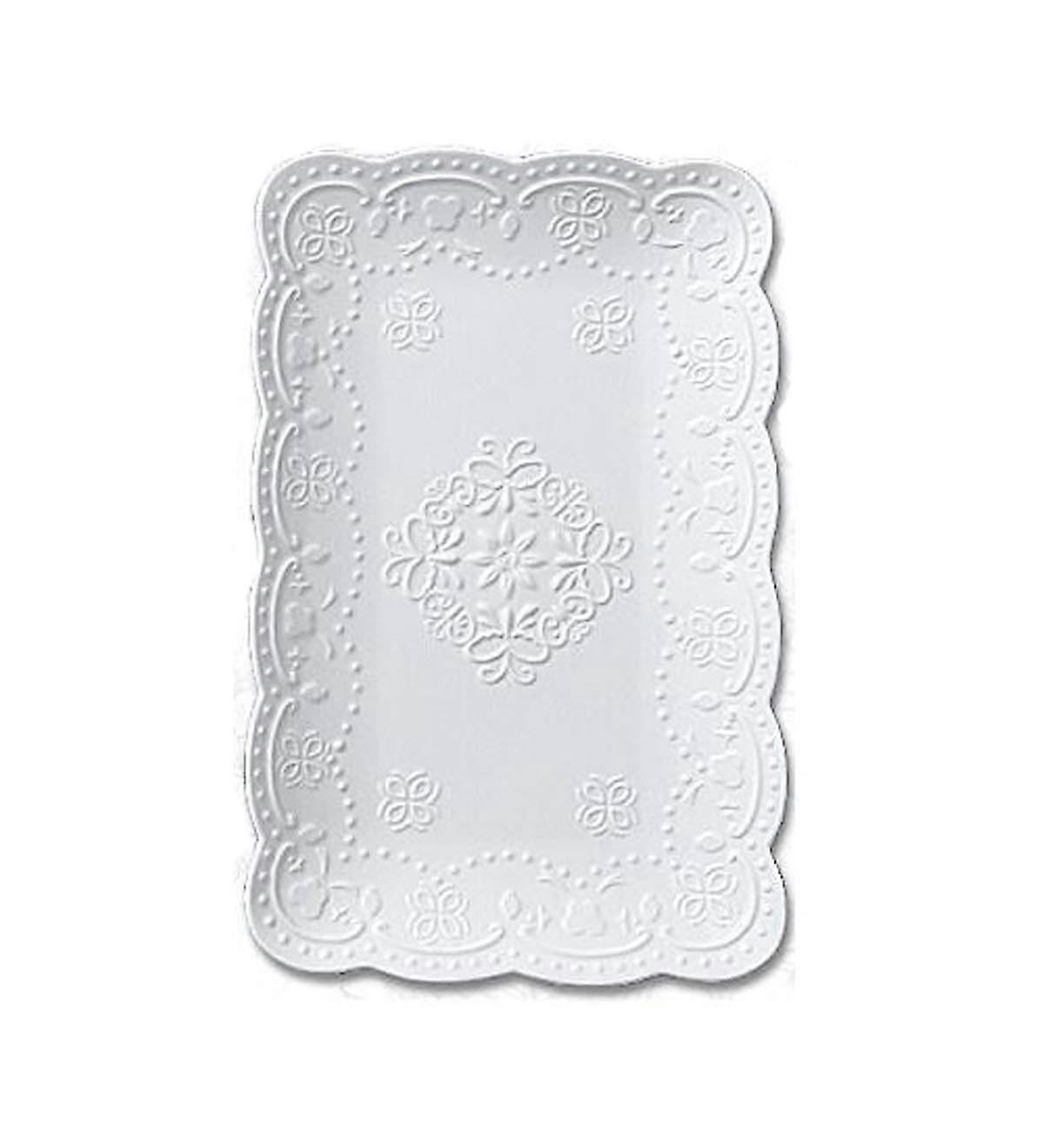 Elegant Bone China Dessert Plate with Lace Embossing, 12Inch White Rectangular Tea Serving Plate