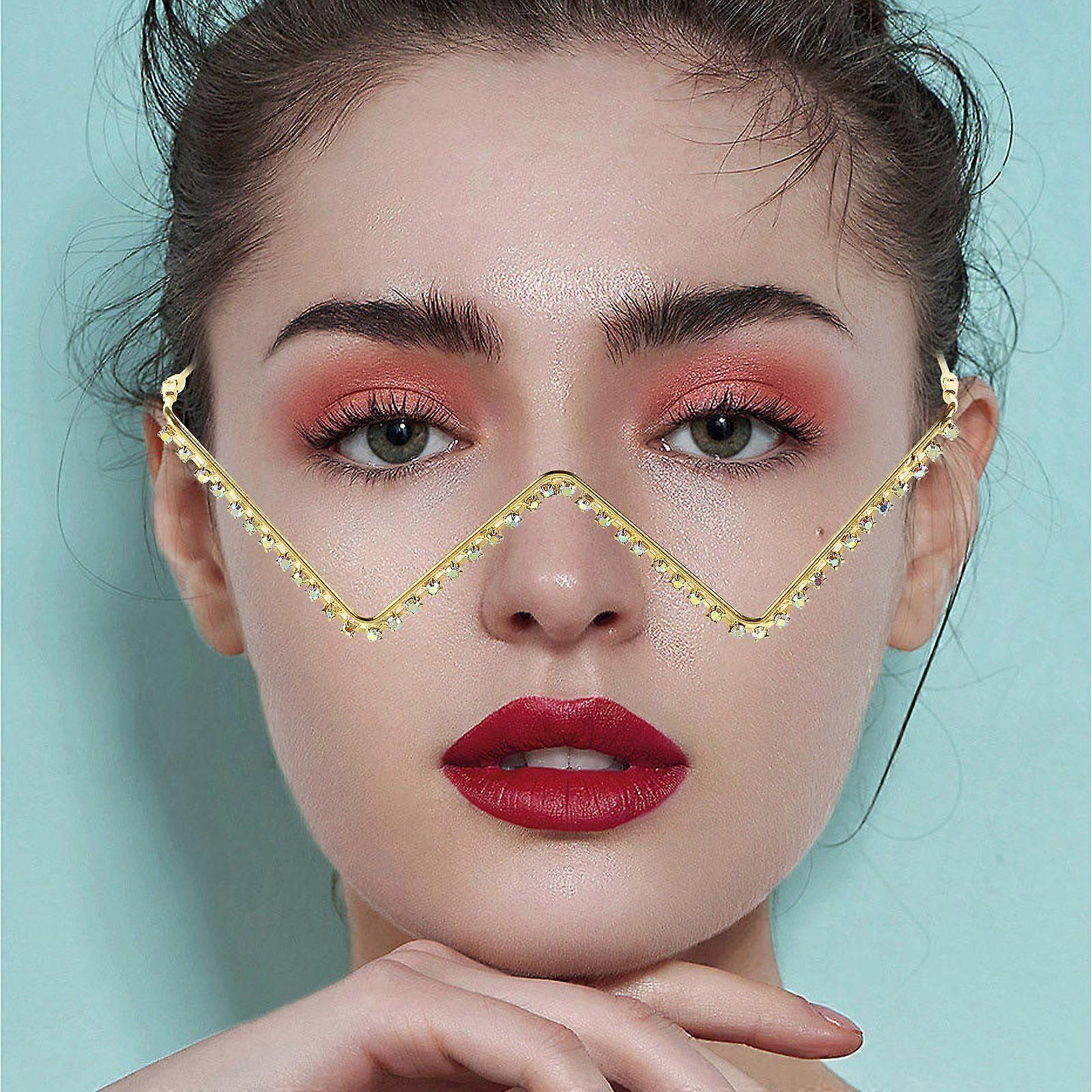 Golden Decorative Glasses Frame for Party Use Rhinestone