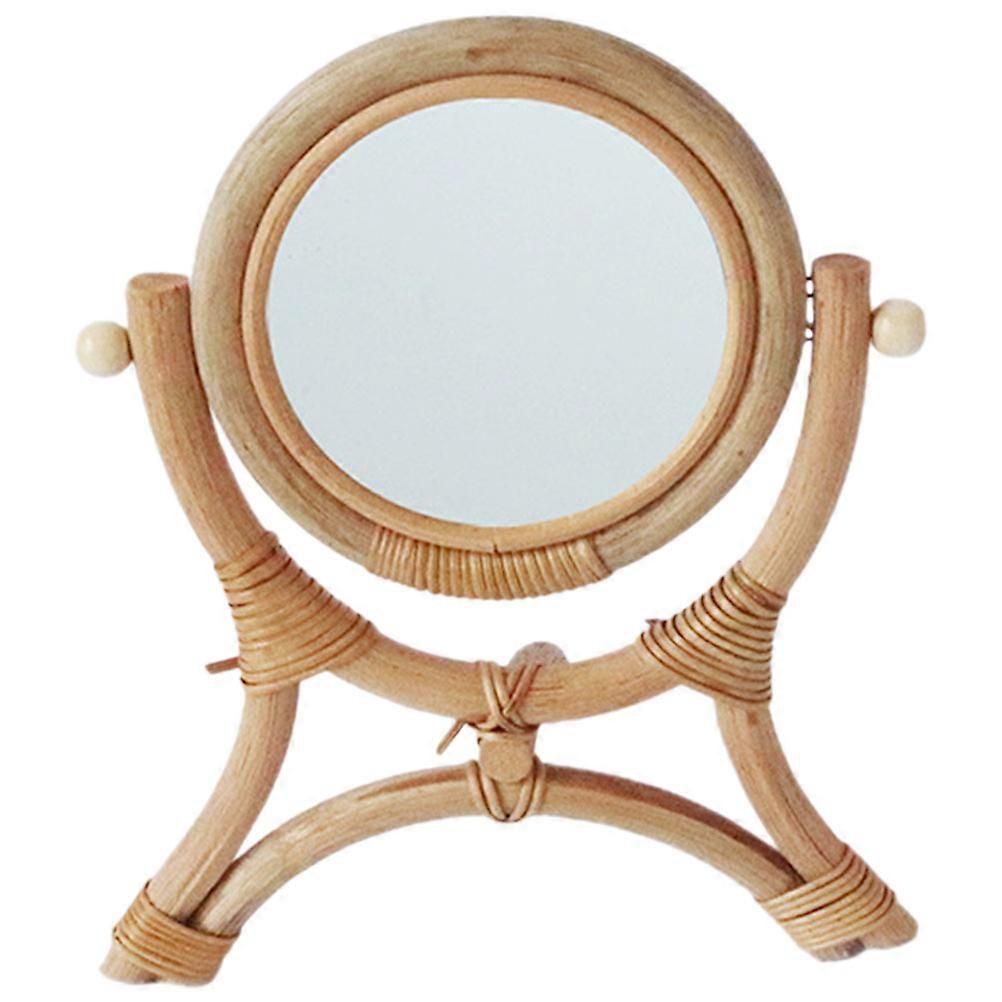 Rustic Rattan Desk Mirror for Makeup with Rotation Function
