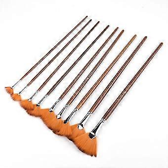 9Pcs Brown Nylon Hair Aluminium Alloy Tube Fan Shape Drawing Brush Art Painting Tool