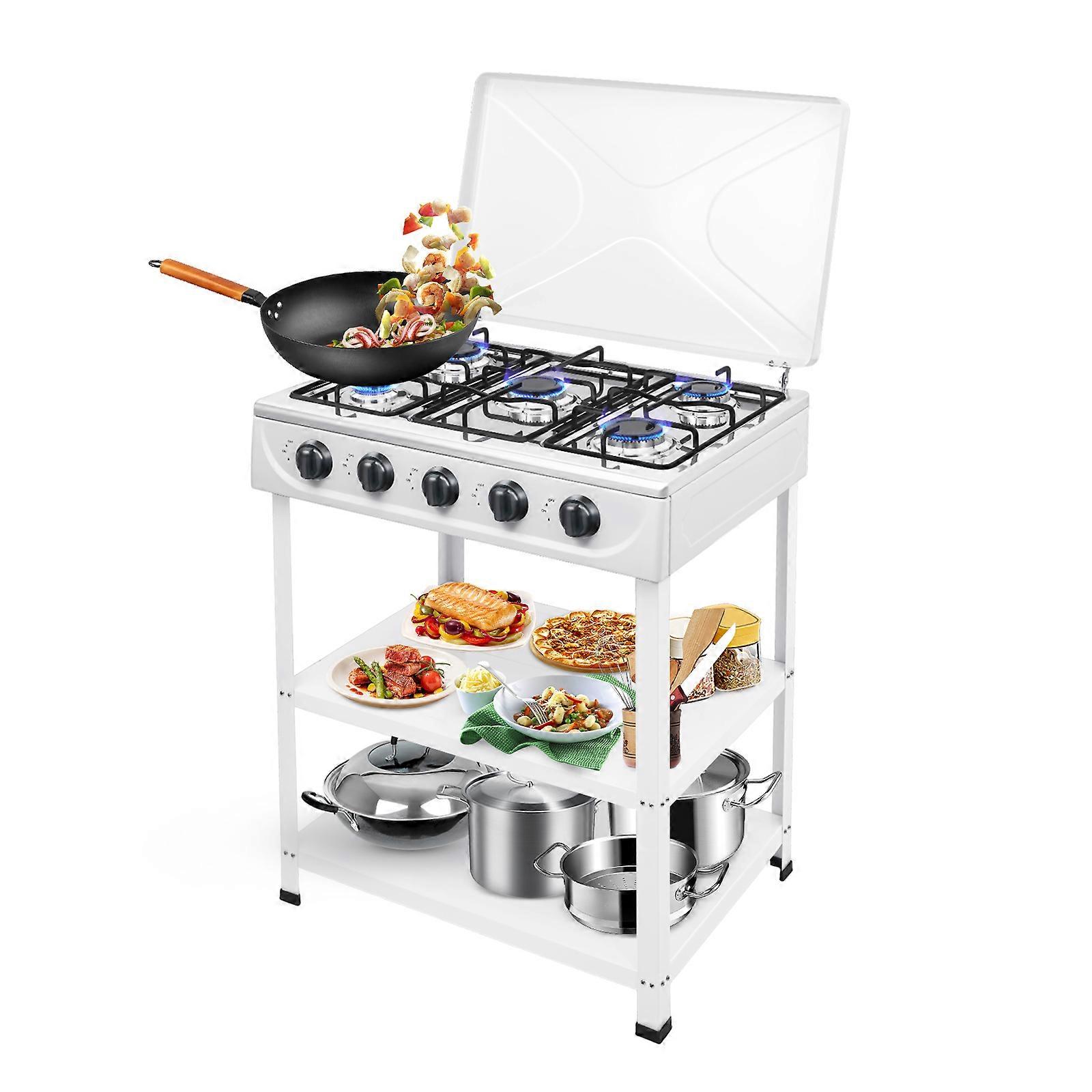 Weißer, freistehender Gaskocher mit 5 Brennern, 2,5 kW pro Brenner, geeignet für Erdgas und Flüssiggas (NG/LPG) für Camping und Outdoor-Aktivitäten