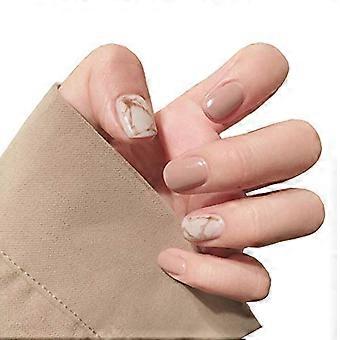 24pcs Khaki Marble Glossy Acrylic False Nails Tips Short Press On Nails with Glue and Tabs