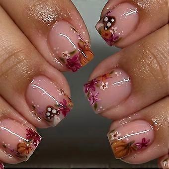 Fall Artwork Press On Manicure Nail Set in Soft Pink Shine, Mushroom Pumpkin Design with Short Rounded Square Shape and Multi Size ABS Nail Multicolor