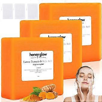 Pack of 3 Turmeric Kojic Soap Bar with Lemon for Face and Body, Brightening and Hydrating - Package quantity: 3 soap bars