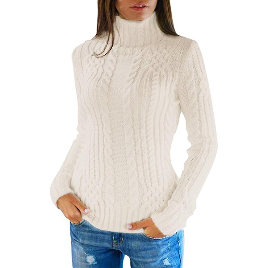Women Fall Winter Basic High Neck Sweater Cable Knit Casual Slim Pullover Top