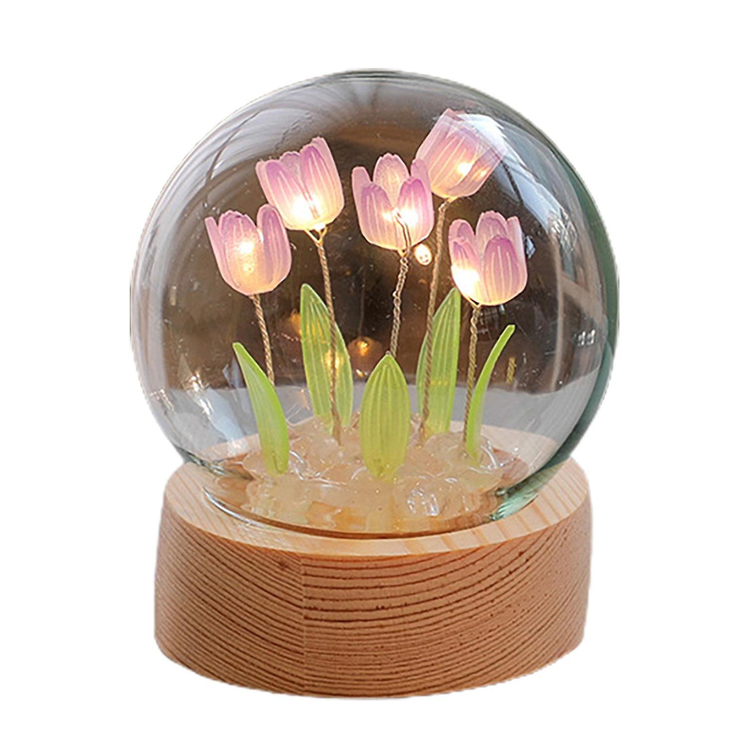 ZHOUBA 1 Set Tulip Night Light Soft Lighting Base en bois Décor réaliste Handmade Tulip Night Light