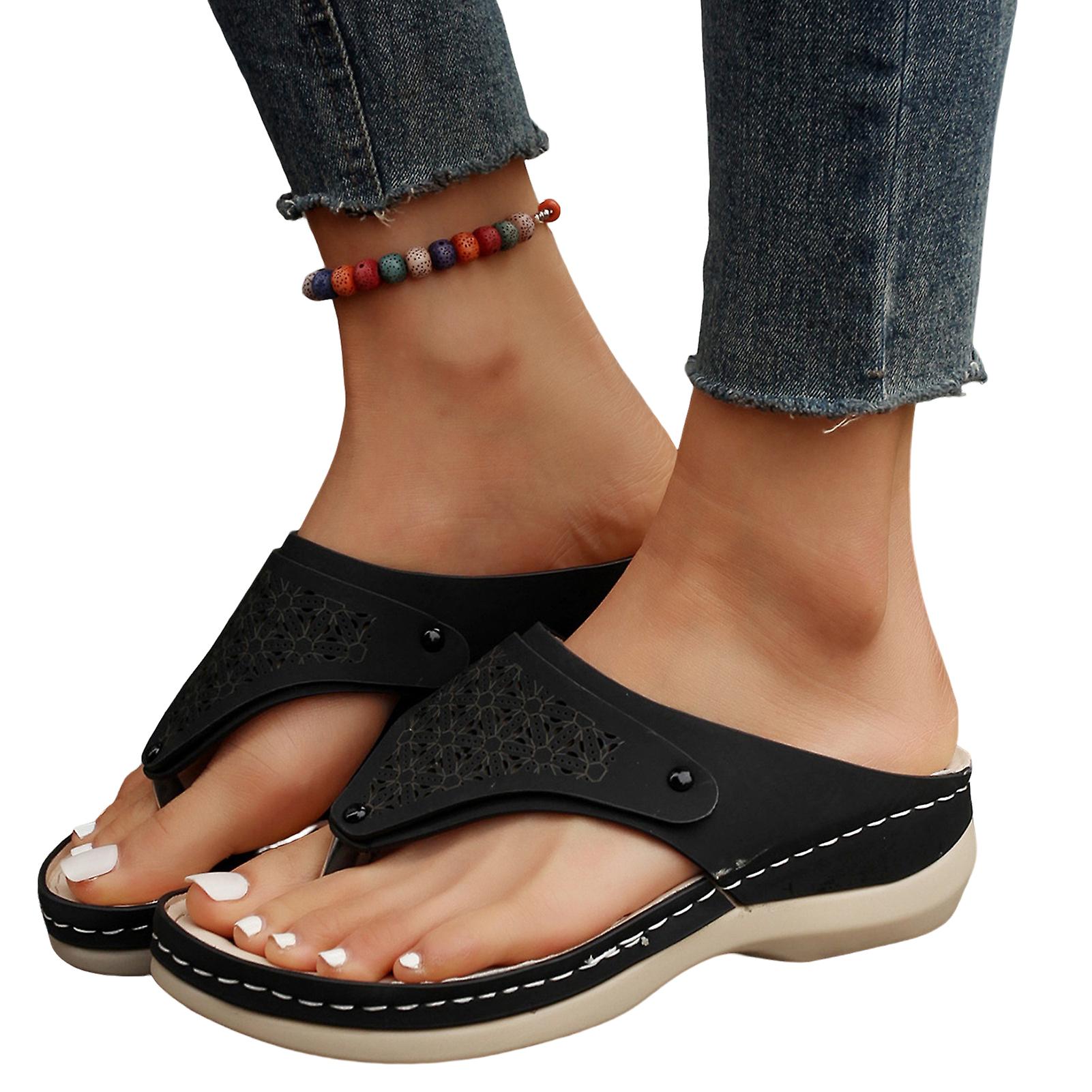 Woman Soft Leather Flip-flops Solid Color Sandals Open-toe Shoes For Outdoor Walking Travelling