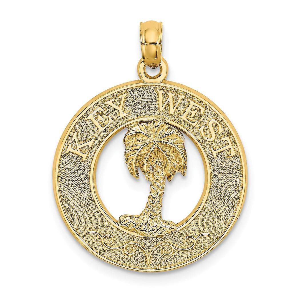14k Gold Key West Round Frame With Palm Tree Center Charm 24.4x19.2mm Wide 1.55mm Thick Pendant Necklace for Women