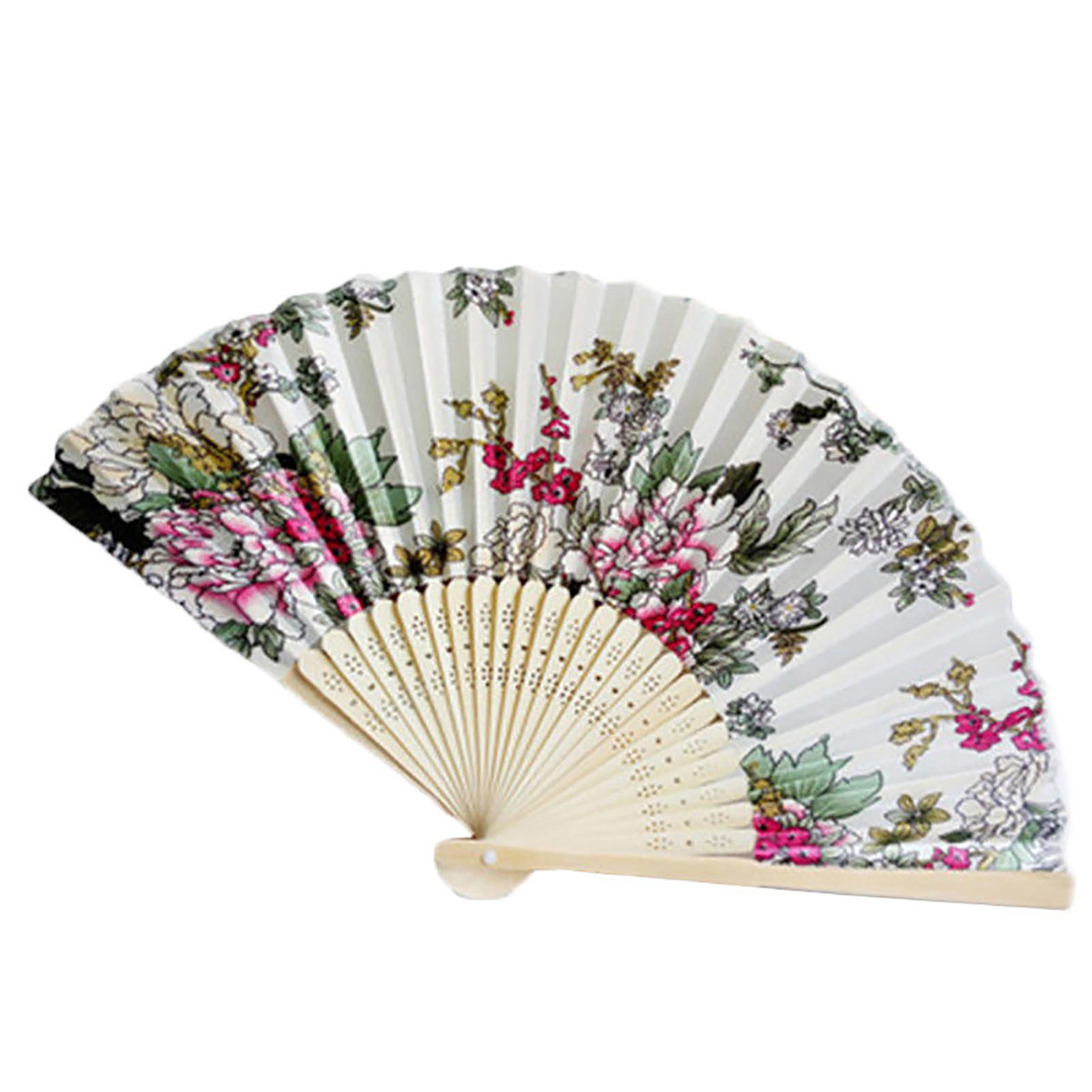 Fan Flower Pattern Foldable Satin Cloth Handheld Folding Fan for Wall Decoration