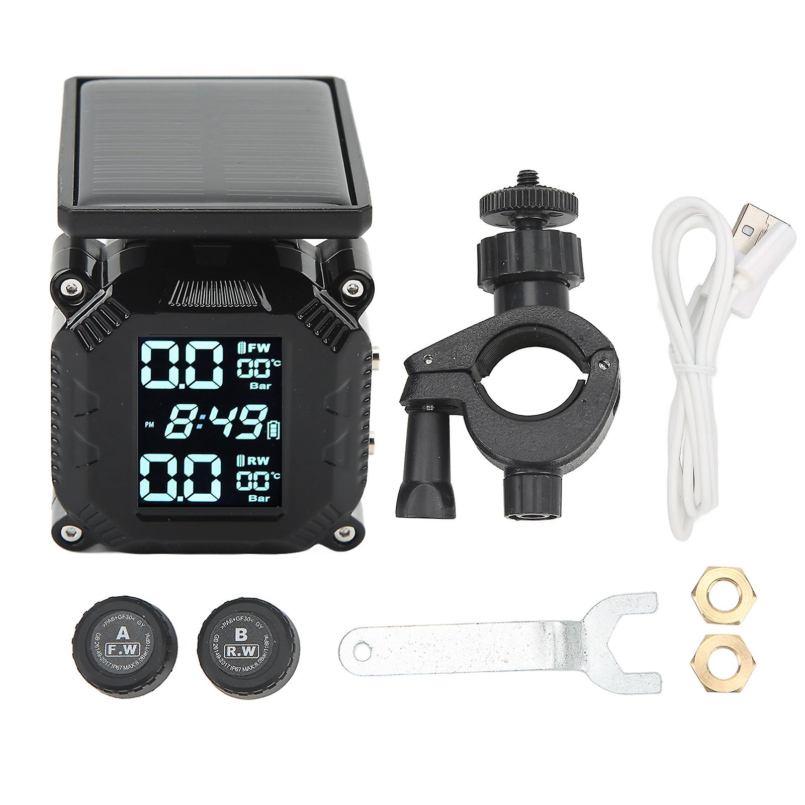 Solar Power Tire Pressure Monitoring System Wireless TPMS with Display 2 External Sensors for Motorcycle