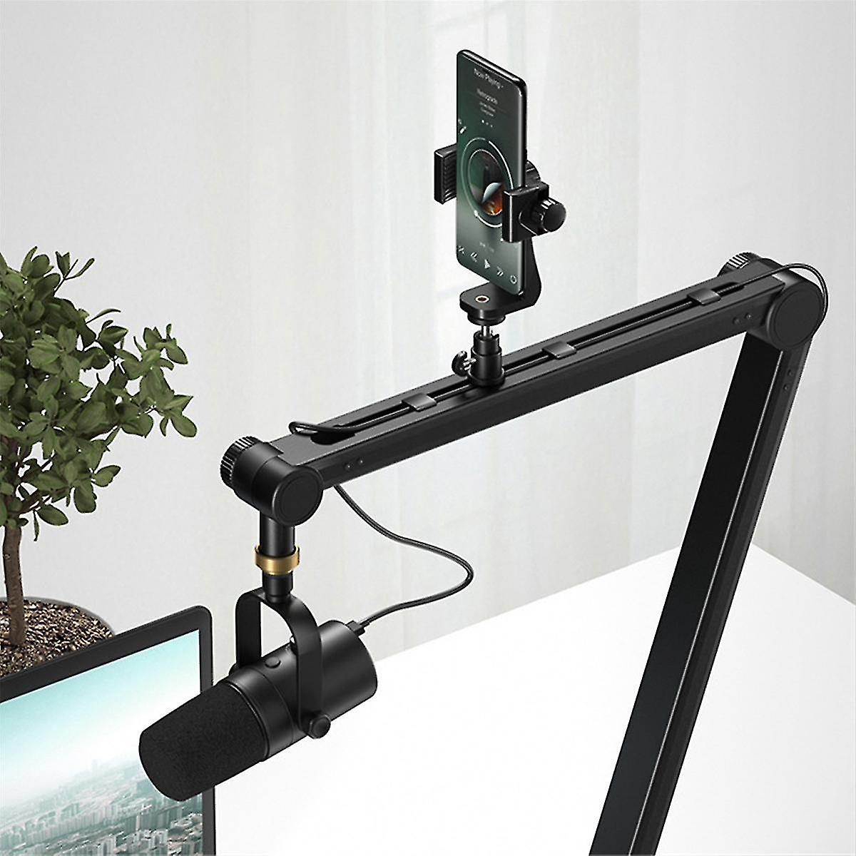 Support de microphone réglable à 360 degrés avec support de téléphone Streaming en direct Support de microphone à bras de perche robuste