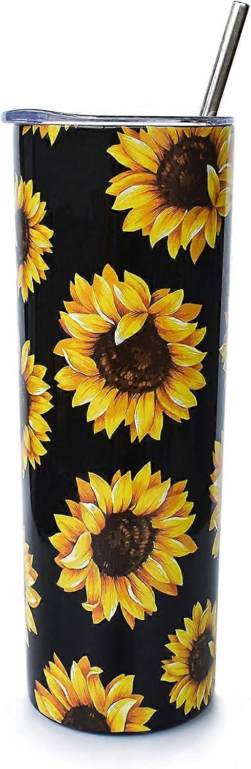 كوب عباد الشمس المطبوع ، كوب سفر من الفولاذ المقاوم للصدأ سعة 20 أونصة ، كوب قهوة معزول بجدار مزدوج مع غطاء مقاوم للرذاذ وقش (20 أونصة أسود)