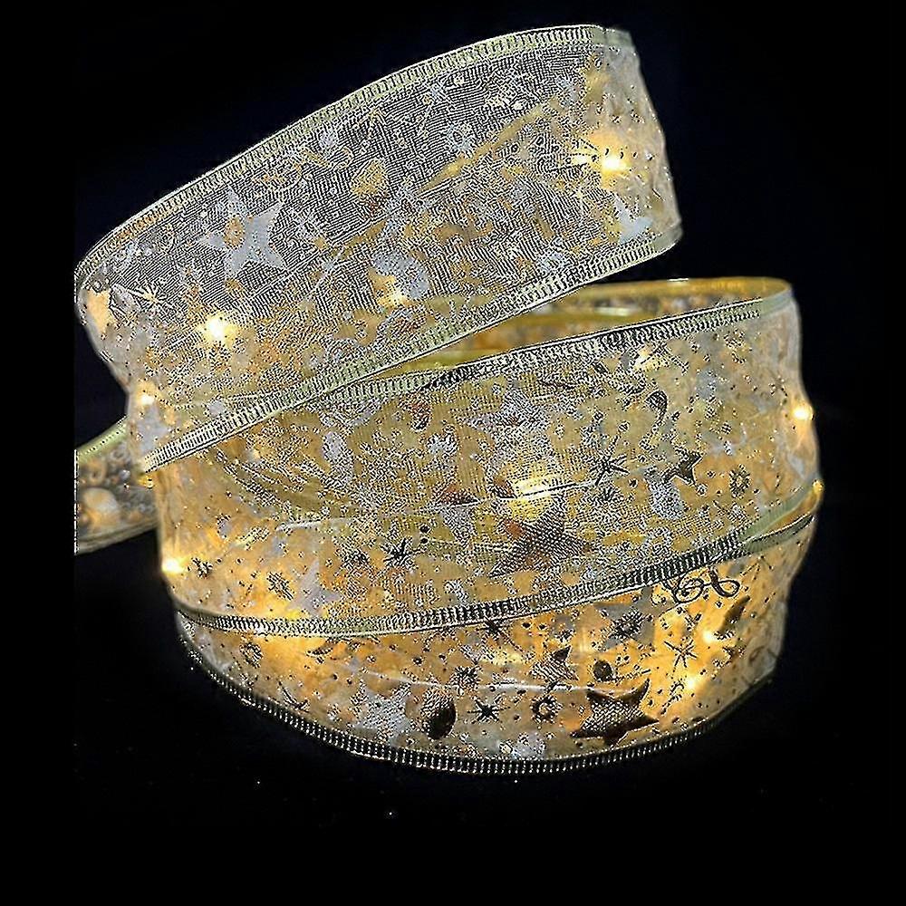 Exquisite Led Double Layer Fairy Lights Strings Christmas Ribbon Bows With Led Christmas Tree Ornaments New Year Home Decor1pcs-gold