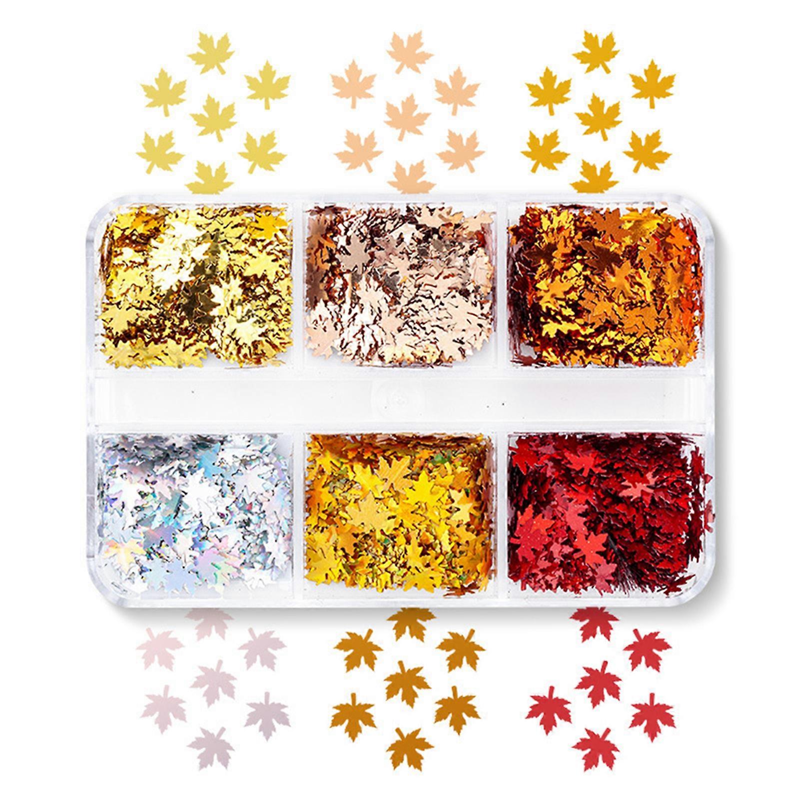 6 Grids/box Shiny Metallic Color Maple Leaf Sequins Creative Holographic Nail Art Glitter Sequins for Autumn Winter Nail