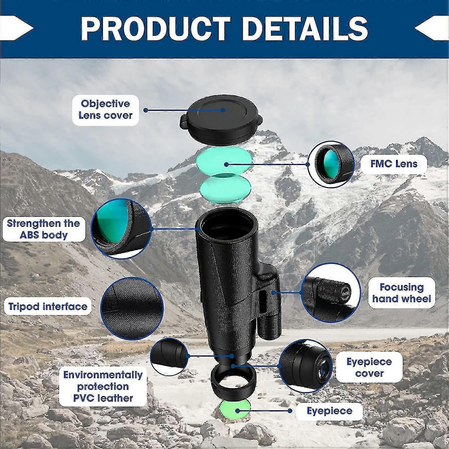 12x50 High Definition Monocular Telescope, Bak-4 Prism Waterproof Mono