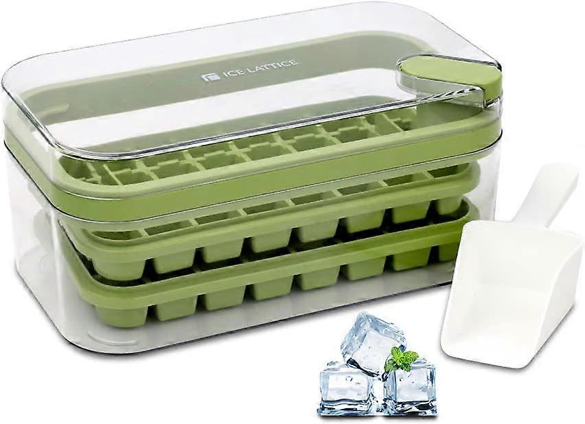 ice cube tray, sealed ice cube tray, press the button to release ice cubes, double layer plastic ice cube box with scoop and container