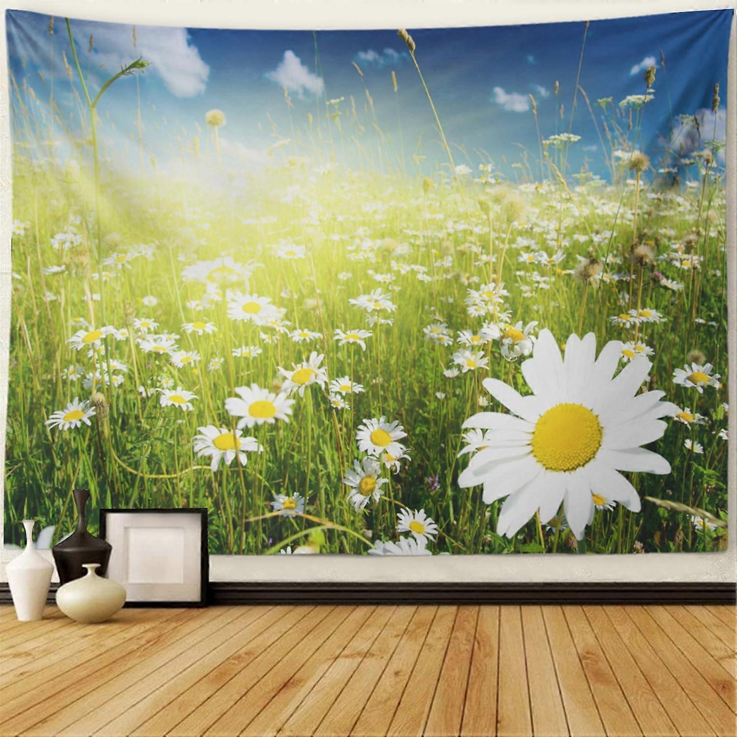 حقل السماء الصيف نسيج الجدار حقل الإقحوانات والمناظر الطبيعية السماء الربيع الصيف زهرة ديزي موسم الشمس نسيج الجدار معلقة ديكور الجدار نسيج 