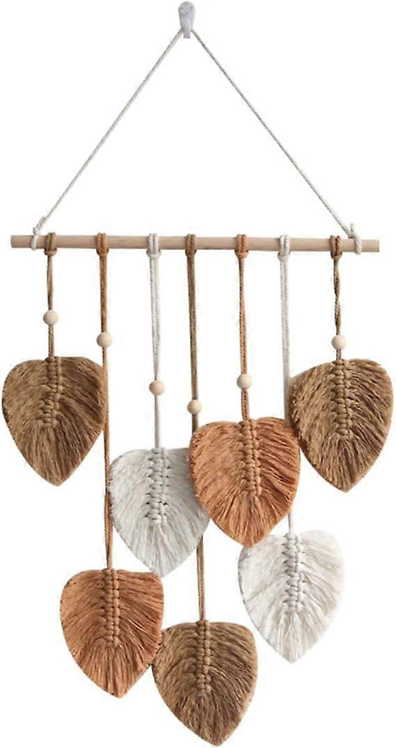 Makraméväggbonad Handgjord Heminredning Boho Makramégobeläng Vävd Väggbonad Lövfjäder Väggdekoration (Khaki)
