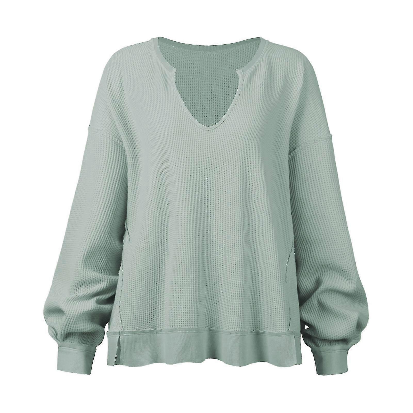 XL Damen Grau Grün Waffelmuster U Ausschnitt Langarm-Sweatshirt