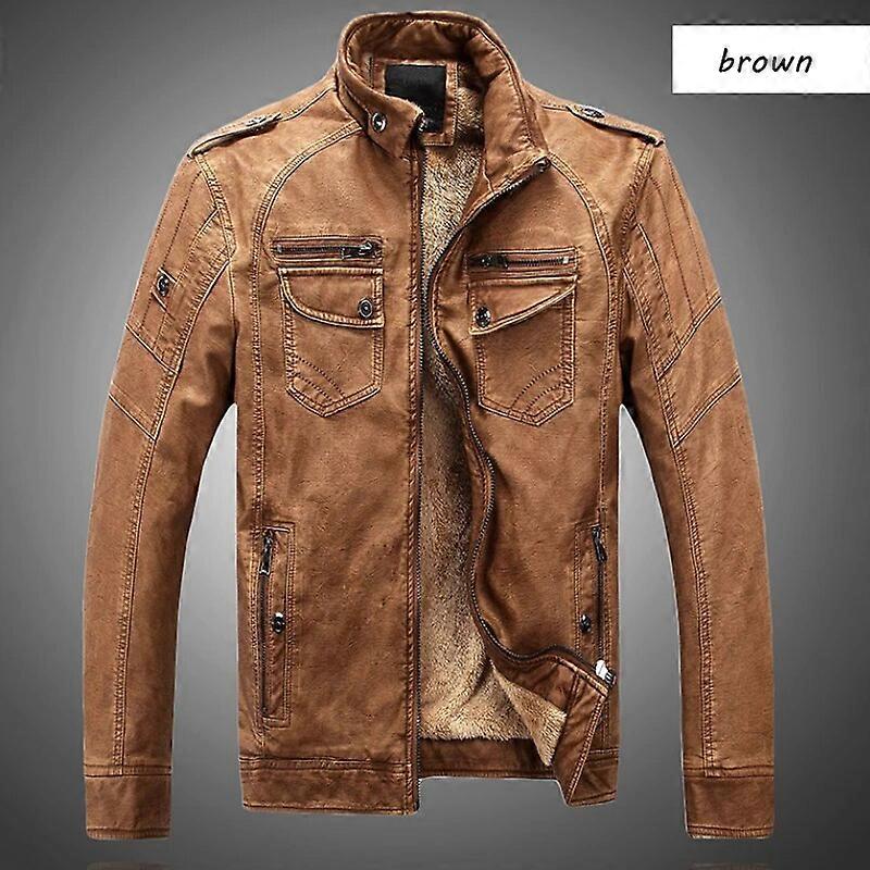 Men Fashion Leather Jackets Slim PU Jacket Winter Coats Plus Velvet Thick Mens Outerwear Solid Stand Jacket MWP003 Brown