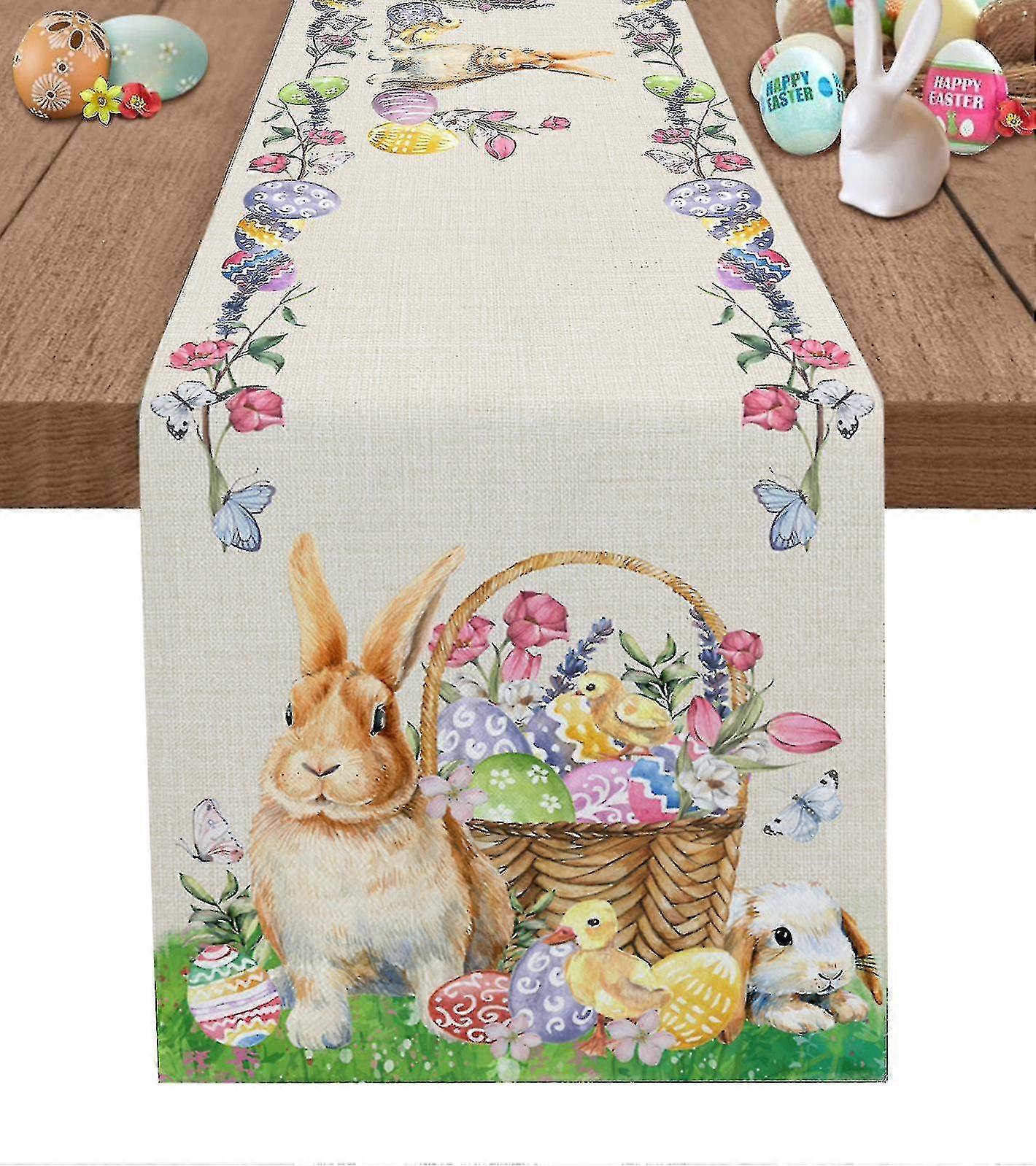 Easter Bunny Egg Duck Flower Printed Table Runner Wedding Party Table Decorations For Home Decor Gift Favor Placemat Tablecloth