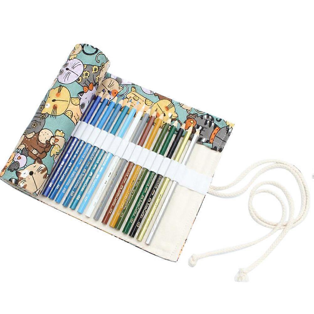 Big Face Cat Pattern Canvas Portable Handmade Rolling Pencil Roll Wrap Holder Pouch Case Storage Organizer With 48 Slots