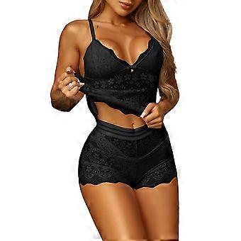 Women Lace Pajamas Set Cami Vest Bustier Top High Waist Brief