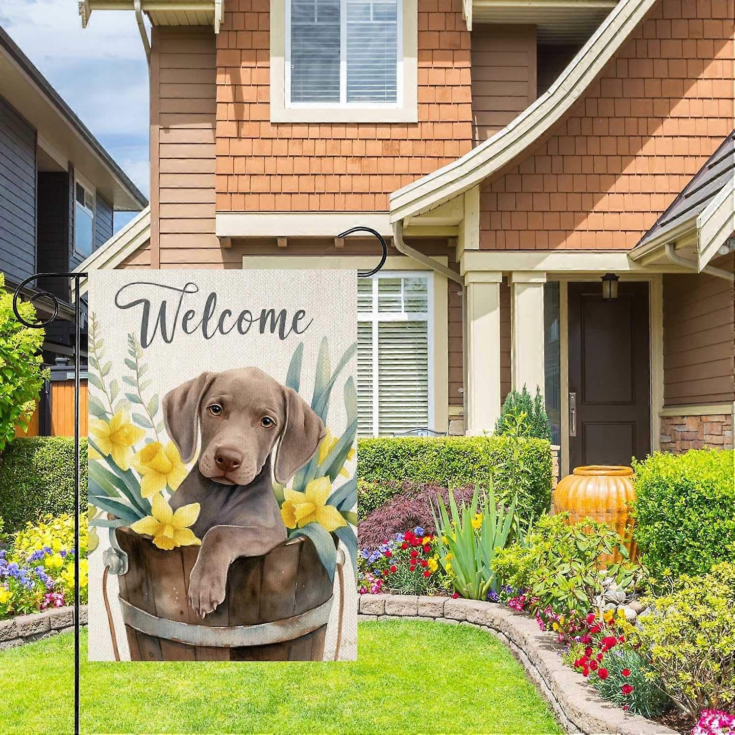 Καλώς ήρθατε άνοιξη καλοκαίρι Weimaraner σημαία κήπων, γεια σας σημαία κήπο πτώσης για έξω 28x40 (4110)