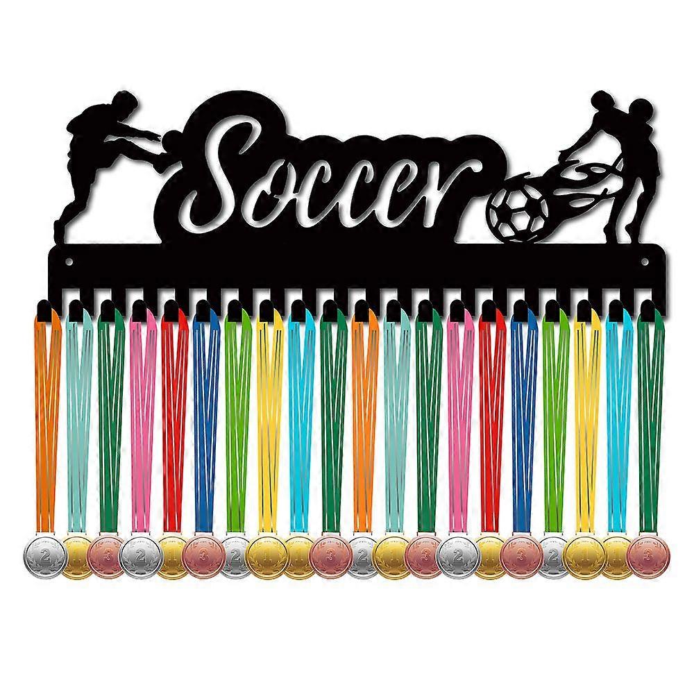 Iron Medal Holder Frame Medals Display Hanger Rack 20 Hooks with Screws Football Pattern 150x400mm