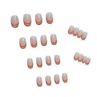 24pcs Prensa brillante en las uñas Ovaladas Uñas falsas francesas Línea naranja Puntas de uñas acrílicas Uñas cortas de cubierta completa para mujeres y niñas