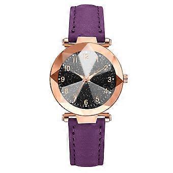 Frauen Lady PU Leder Uhr Runde Zifferblatt Nummer Anzeige Einfache Quarz Armbanduhr (Lila)