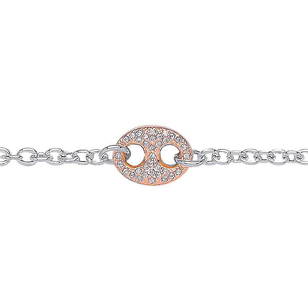Jewelco London White and Rose Gold-Plated Sterling Silver Cubic Zirconia Belcher Cocoa Bean Charm Bracelet