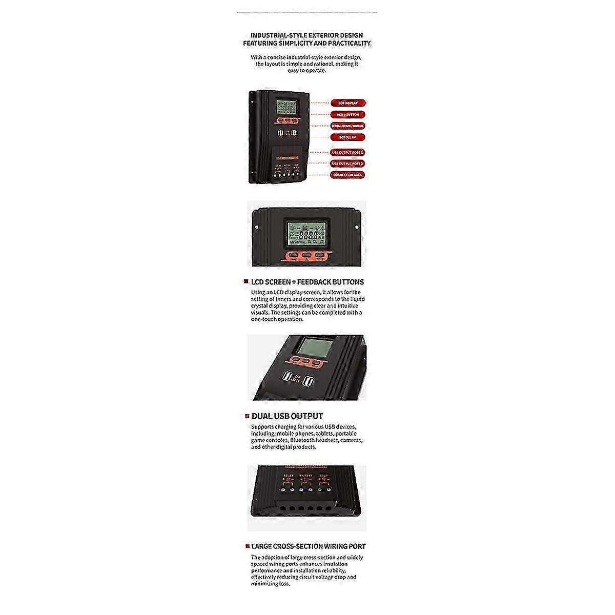 MPPT/PWM Solar Charger Controller 60A Solar Panel Regulator LCD Display Various Load Control Modes
